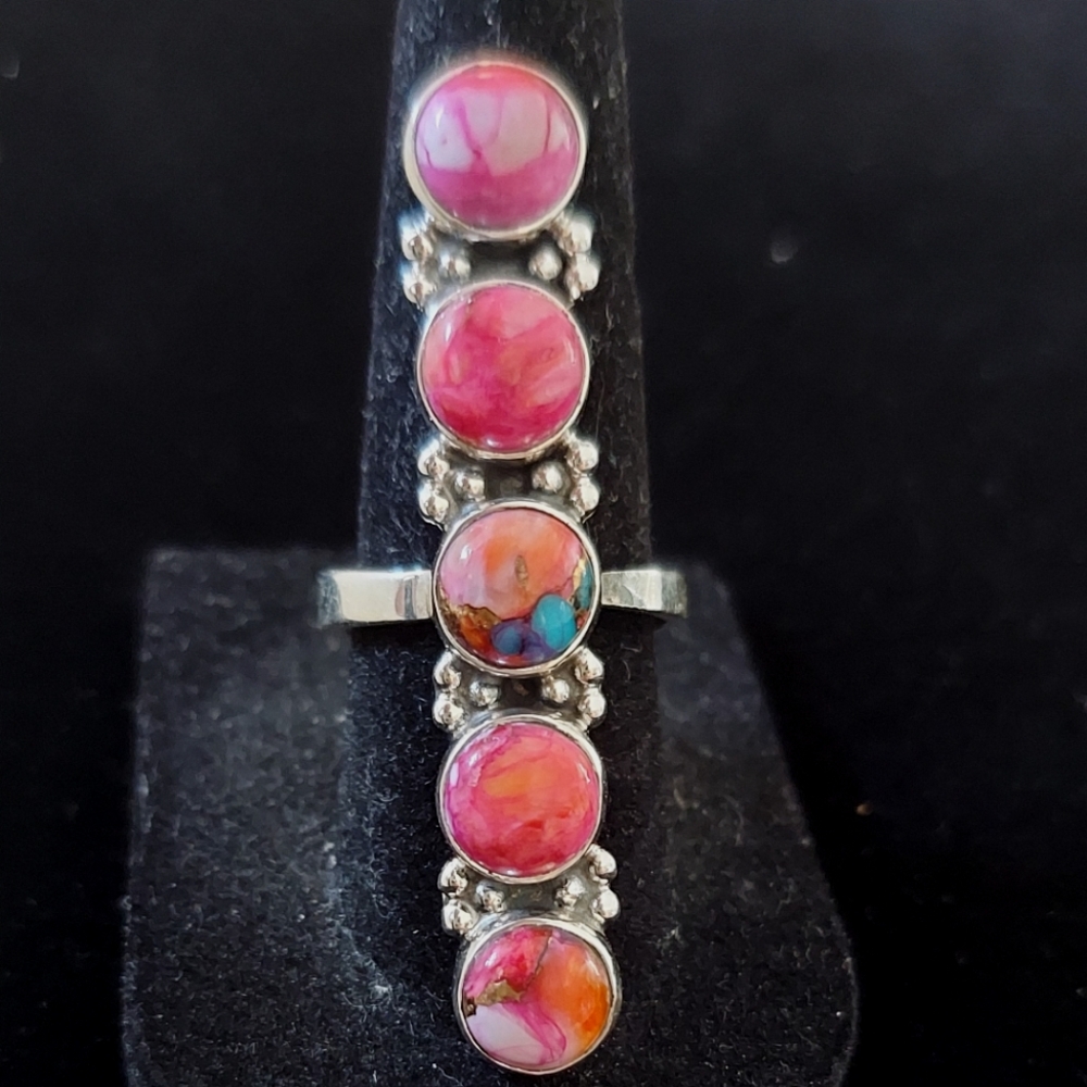 Beautiful Kingman Dalia Sterling Silver Long 5 Stone Adjustable Ring 5-8 - Picture 2 of 9